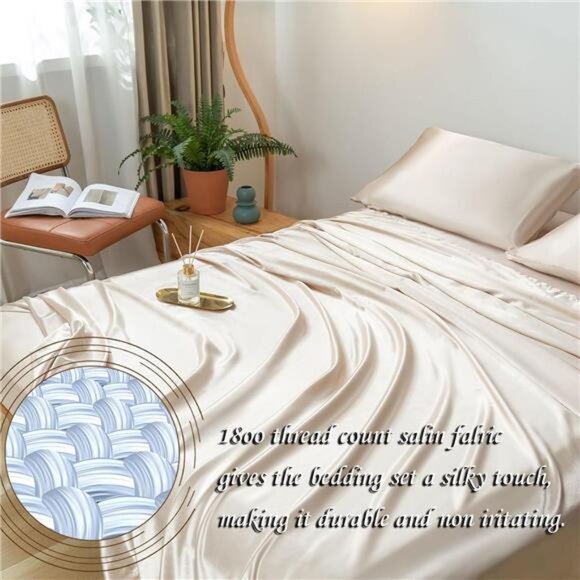 Revdomfly 4 Pcs Full Size Luxury Silky Soft Gold Satin Sheet Set,1 Premium - Picture 5 of 7